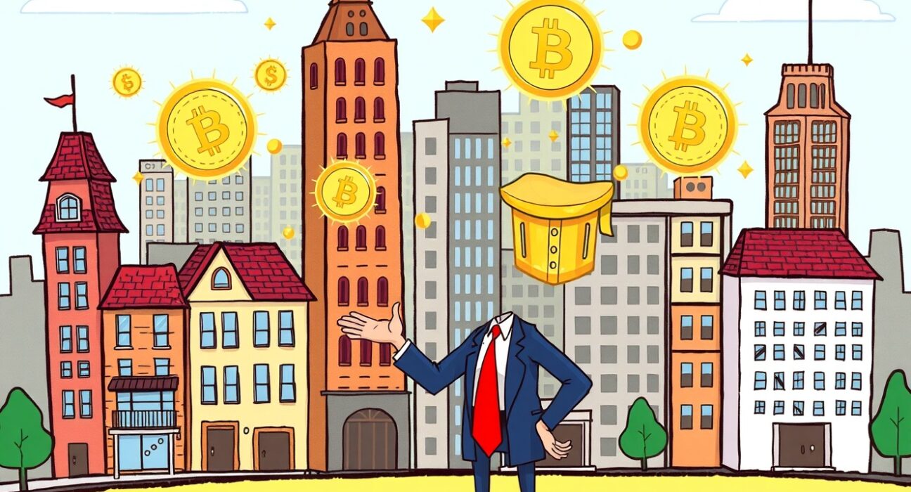 Cartoon illustration showing how a crypto real estate hedge offers a strategic advantage for property investors.