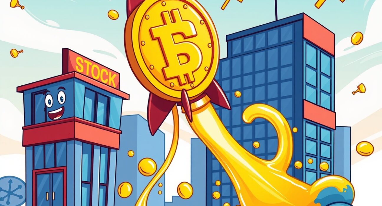 Cartoon illustration showing crypto rebound as digital coins surge ahead of traditional stock market buildings