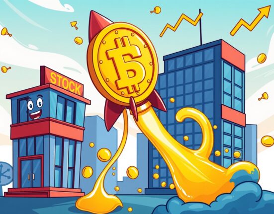 Cartoon illustration showing crypto rebound as digital coins surge ahead of traditional stock market buildings