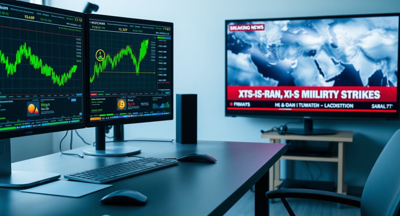 Cryptocurrency trading monitors showing Bitcoin, Ethereum, and XRP charts with news of US-Iran tensions in background