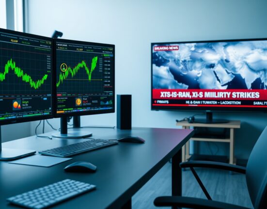 Cryptocurrency trading monitors showing Bitcoin, Ethereum, and XRP charts with news of US-Iran tensions in background