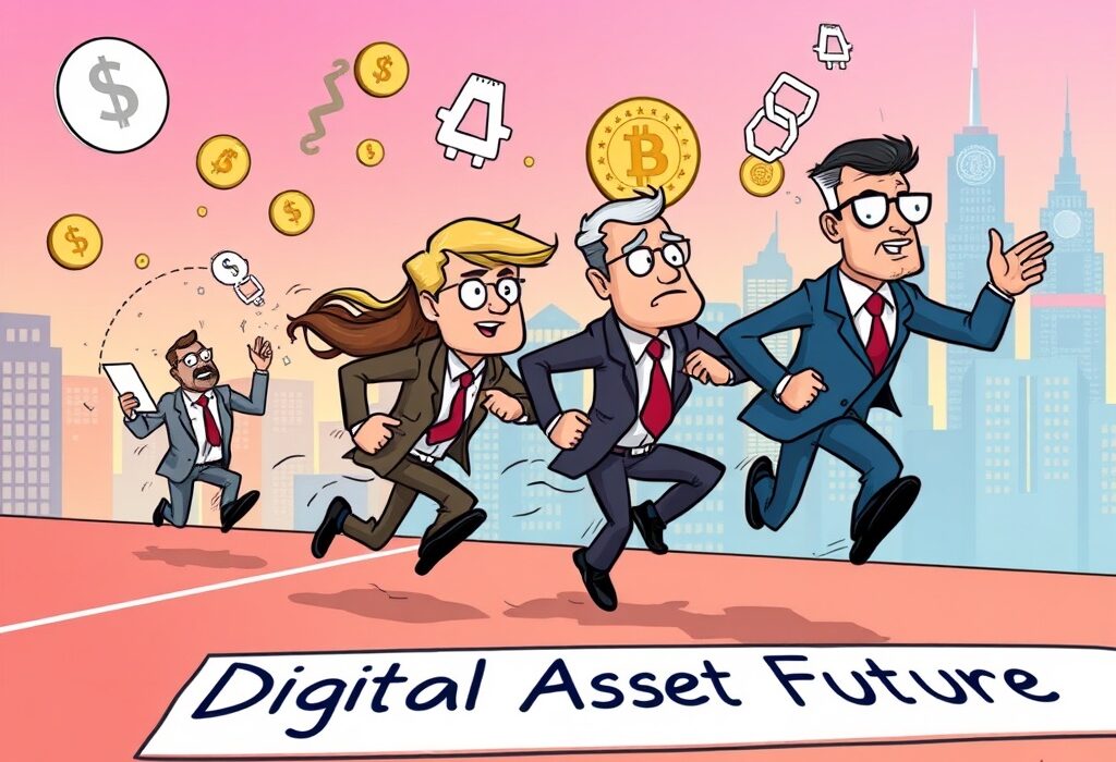 A cartoon illustration showing regulators sprinting towards digital asset regulation, highlighting the CFTC's crypto sprint and collaboration with the SEC.