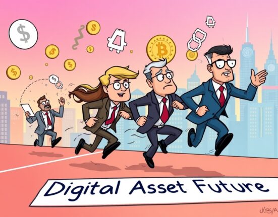 A cartoon illustration showing regulators sprinting towards digital asset regulation, highlighting the CFTC's crypto sprint and collaboration with the SEC.