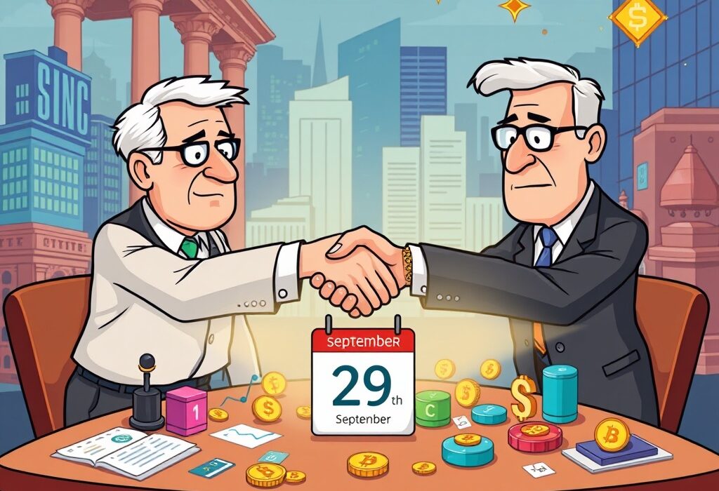 A cartoon showing SEC and CFTC officials discussing crypto regulation, symbolizing collaboration for future market frameworks.