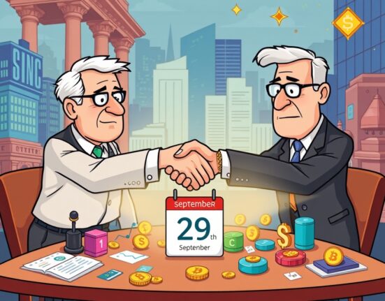 A cartoon showing SEC and CFTC officials discussing crypto regulation, symbolizing collaboration for future market frameworks.