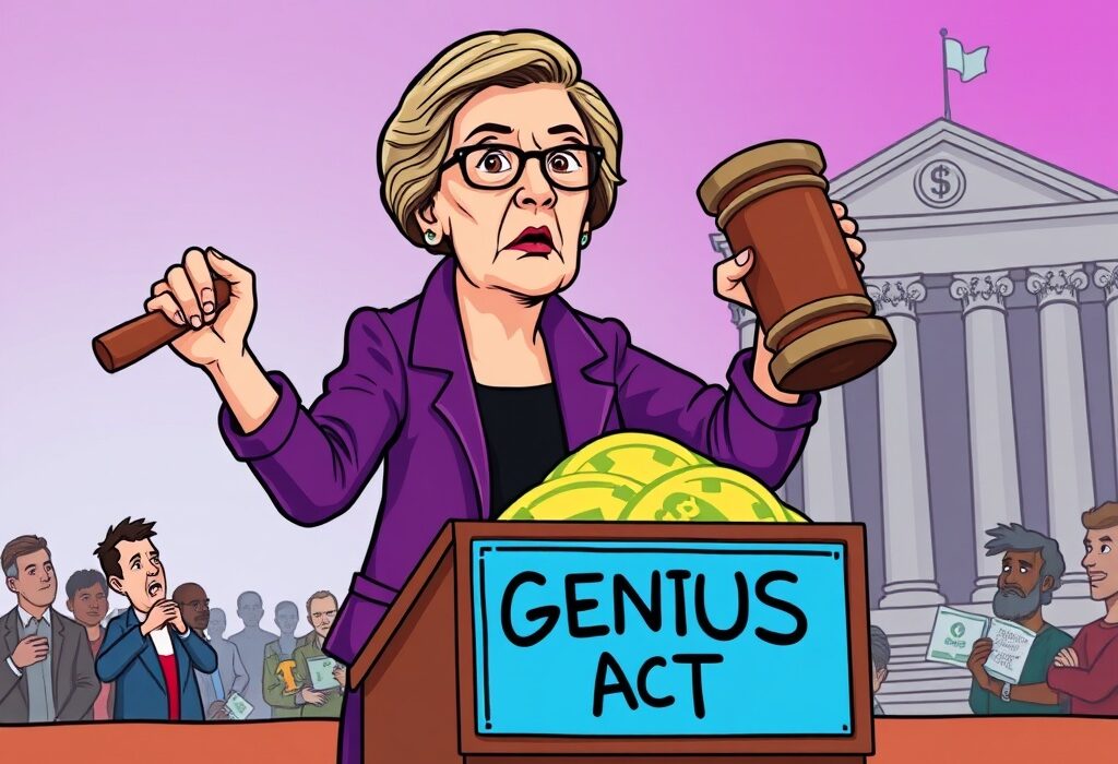A cartoon illustration depicting Senator Warren warning against flawed crypto regulation embodied by the GENIUS Act.
