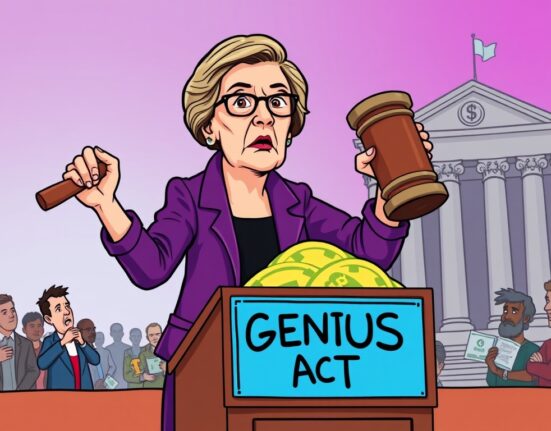 A cartoon illustration depicting Senator Warren warning against flawed crypto regulation embodied by the GENIUS Act.