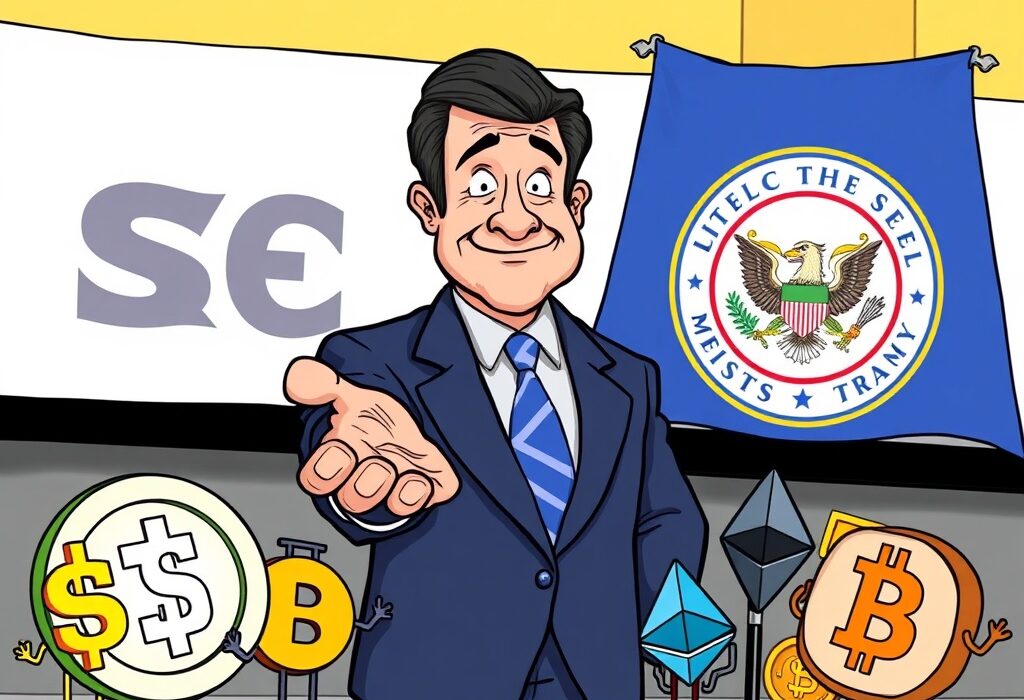 A cartoon illustration symbolizing a positive shift in US crypto regulation with Project Crypto, showing a welcoming SEC.