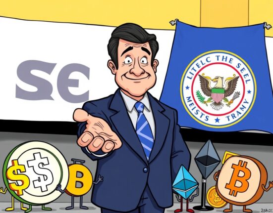 A cartoon illustration symbolizing a positive shift in US crypto regulation with Project Crypto, showing a welcoming SEC.