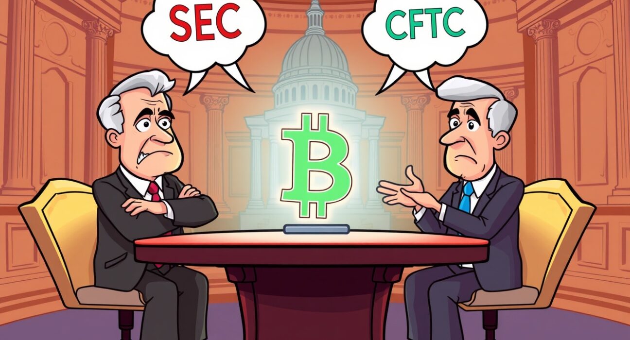 Cartoon illustration of a stalled crypto regulation negotiation between senators in Congress.