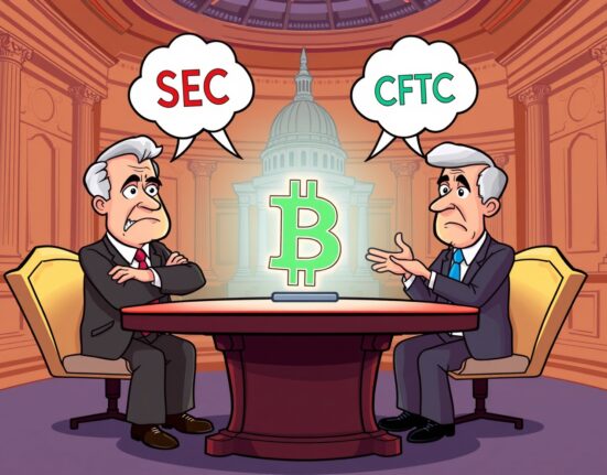 Cartoon illustration of a stalled crypto regulation negotiation between senators in Congress.