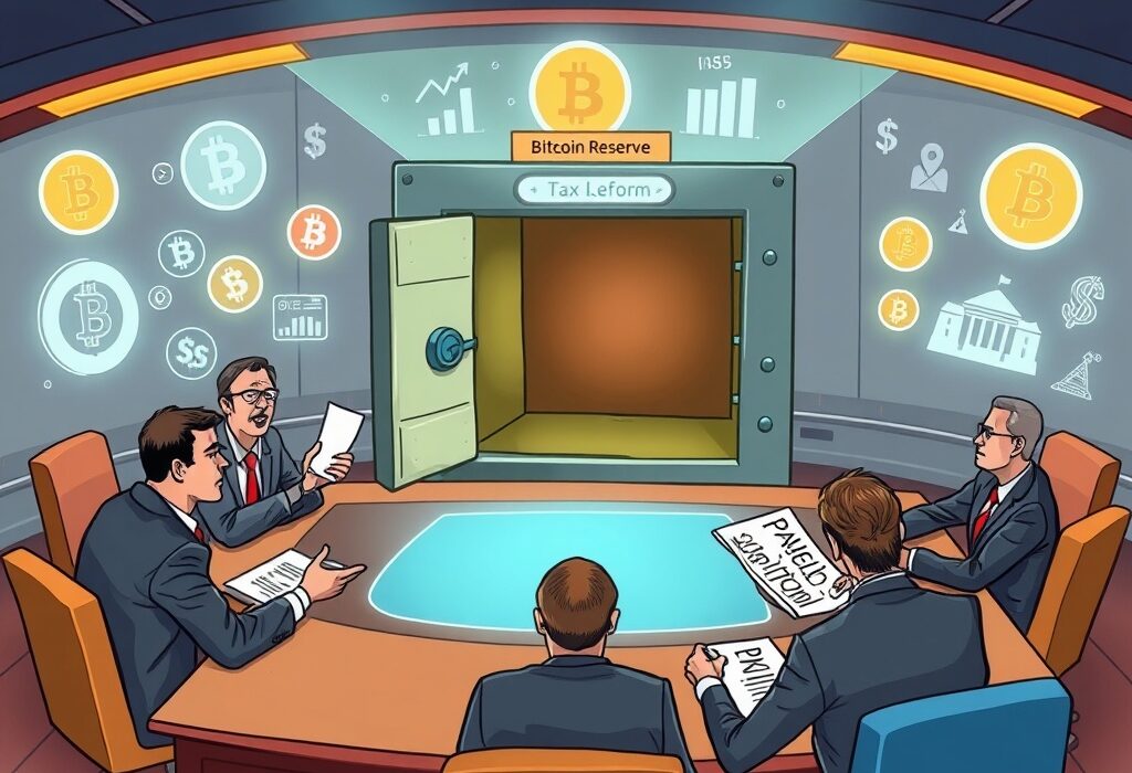 A cartoon illustration showing a government task force discussing crypto regulation, with an empty Bitcoin reserve vault in the background, highlighting the omission.