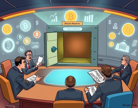 A cartoon illustration showing a government task force discussing crypto regulation, with an empty Bitcoin reserve vault in the background, highlighting the omission.