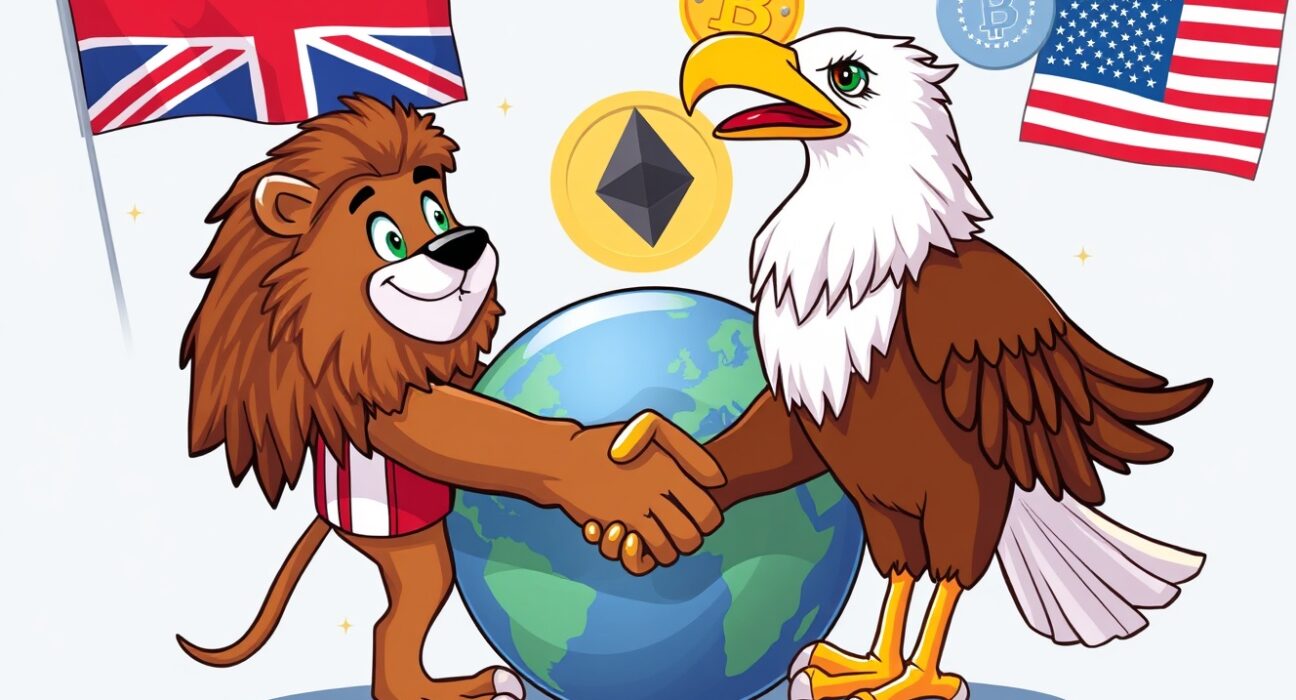 Cartoon illustration of UK and US symbols cooperating on global cryptocurrency regulation for a stable digital future.