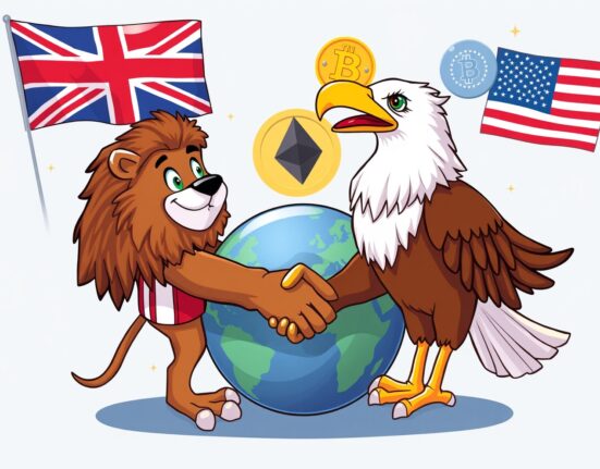 Cartoon illustration of UK and US symbols cooperating on global cryptocurrency regulation for a stable digital future.