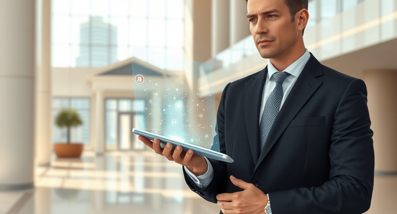 American banker analyzing cryptocurrency blockchain data on tablet, representing need for crypto