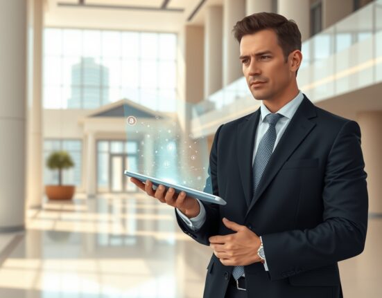 American banker analyzing cryptocurrency blockchain data on tablet, representing need for crypto