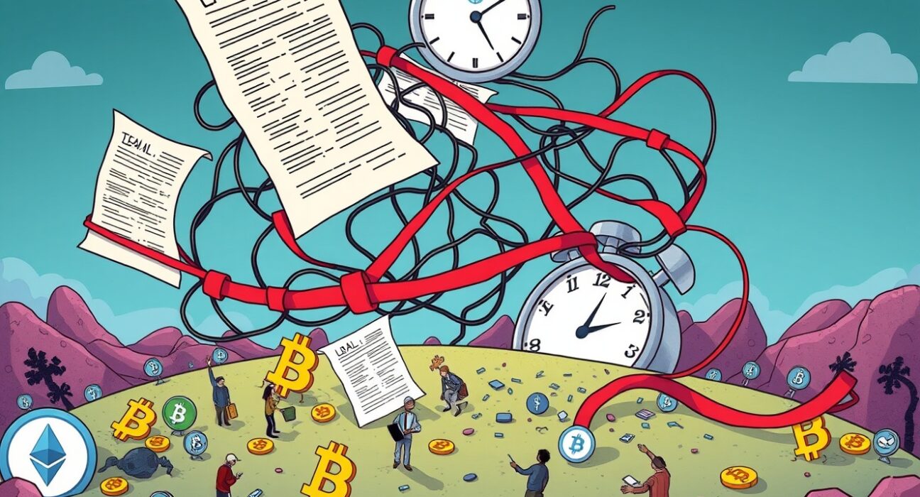 A cartoon image showing a tangled web of regulations over crypto symbols, illustrating the prolonged Crypto Regulatory Uncertainty.