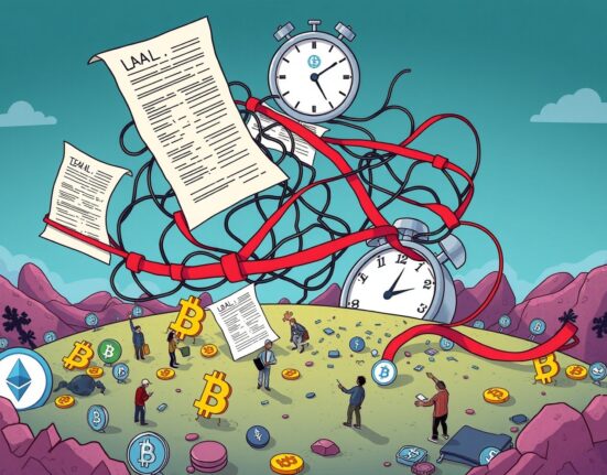A cartoon image showing a tangled web of regulations over crypto symbols, illustrating the prolonged Crypto Regulatory Uncertainty.