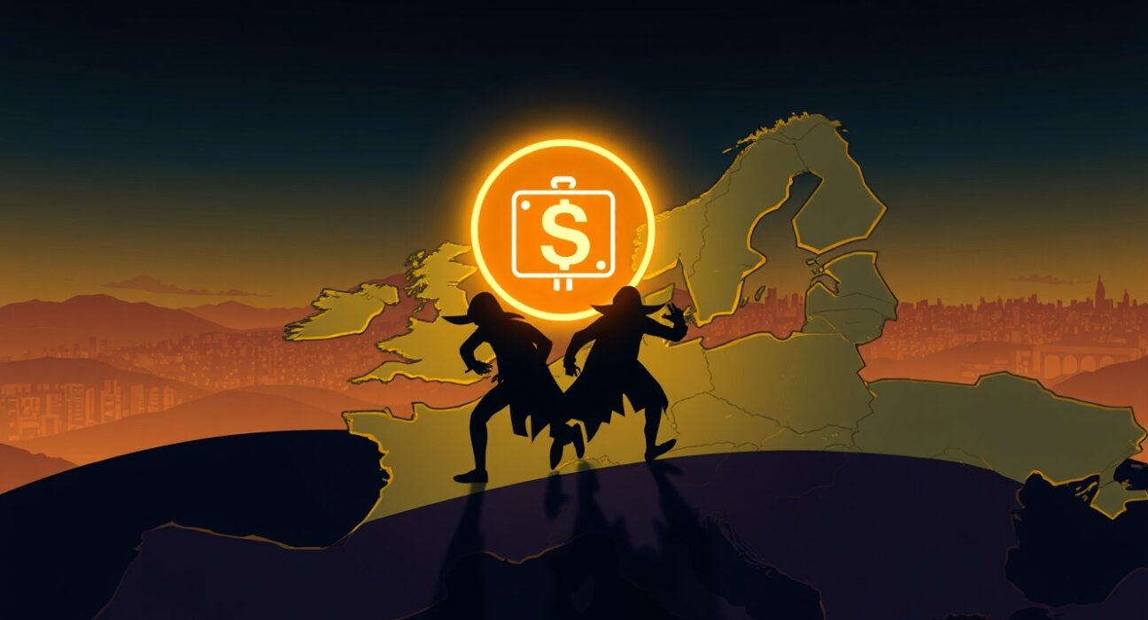 Cartoon illustration of suspects fleeing a crypto-related murder across a border with a digital wallet icon