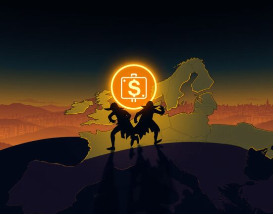 Cartoon illustration of suspects fleeing a crypto-related murder across a border with a digital wallet icon