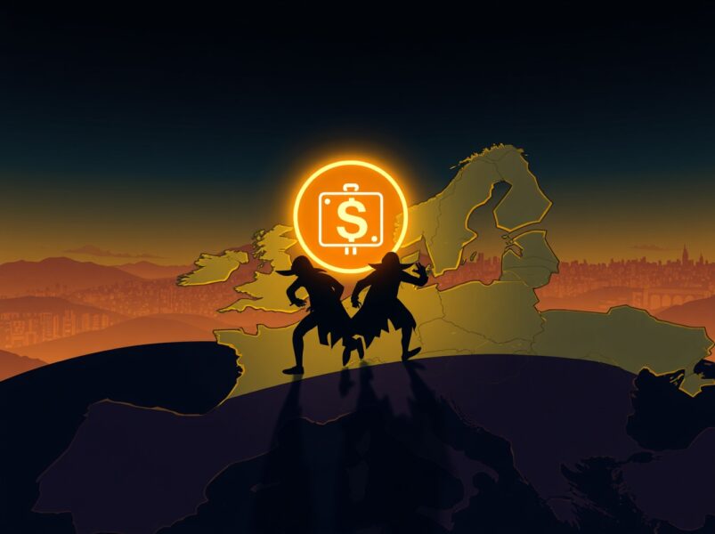 Cartoon illustration of suspects fleeing a crypto-related murder across a border with a digital wallet icon