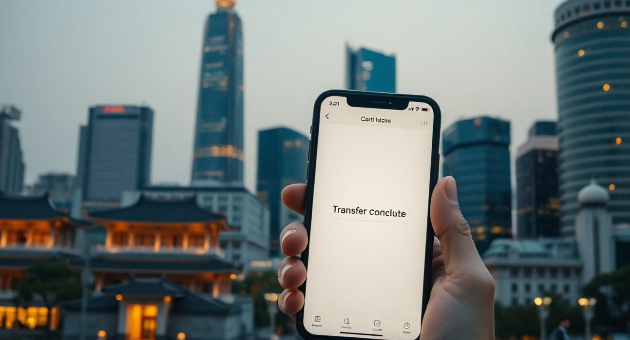 Smartphone showing crypto exchange transfer confirmation with Seoul skyline in background