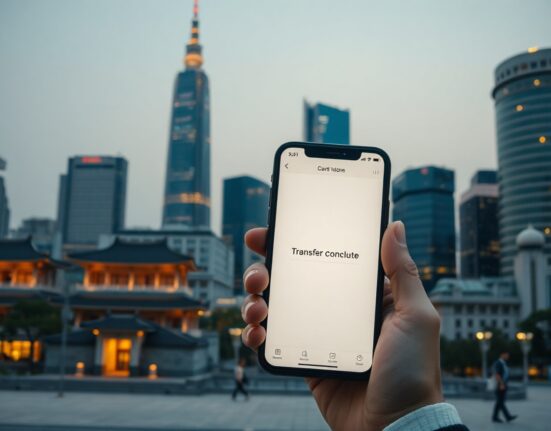 Smartphone showing crypto exchange transfer confirmation with Seoul skyline in background