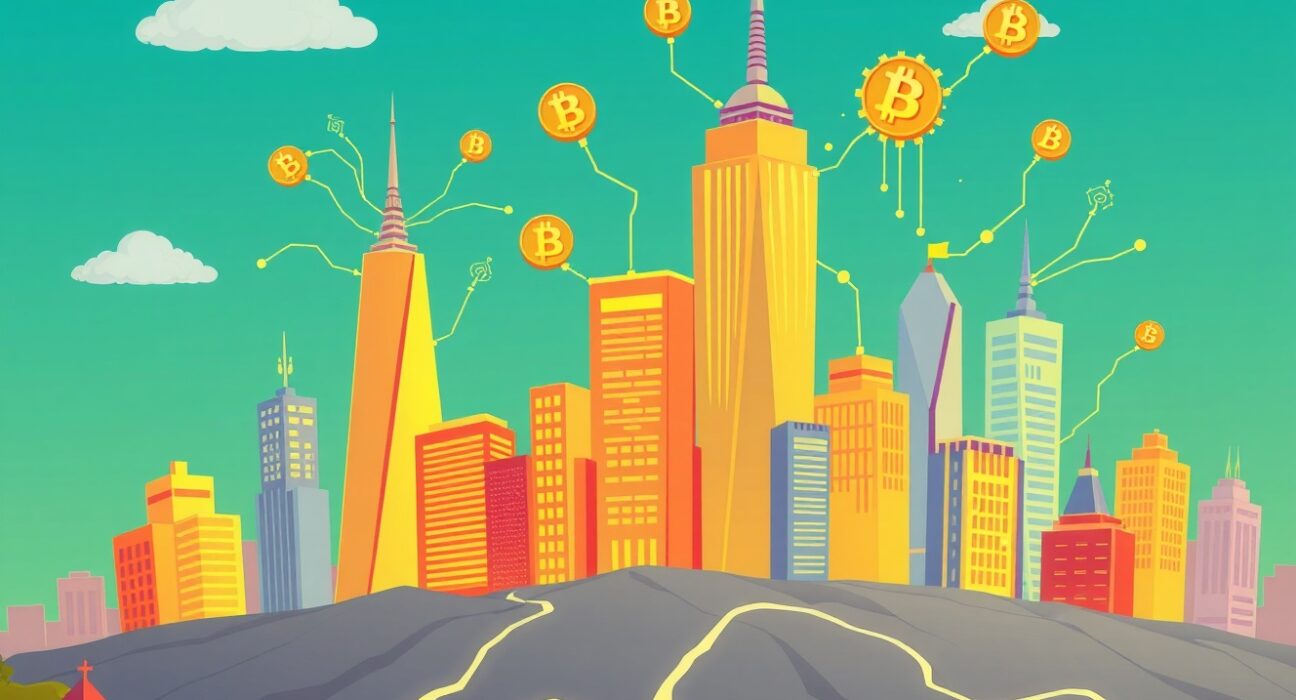 Cartoon illustration of crypto restructuring as a city being rebuilt with blockchain elements.