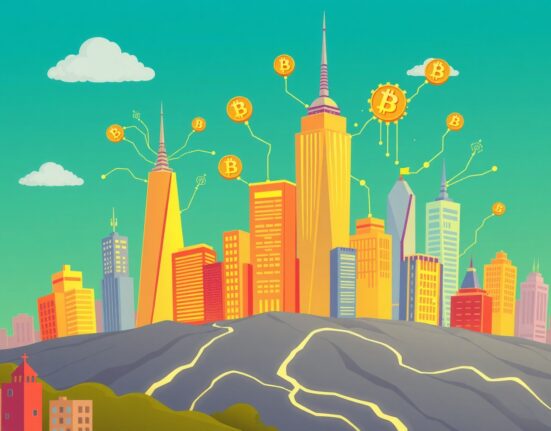 Cartoon illustration of crypto restructuring as a city being rebuilt with blockchain elements.