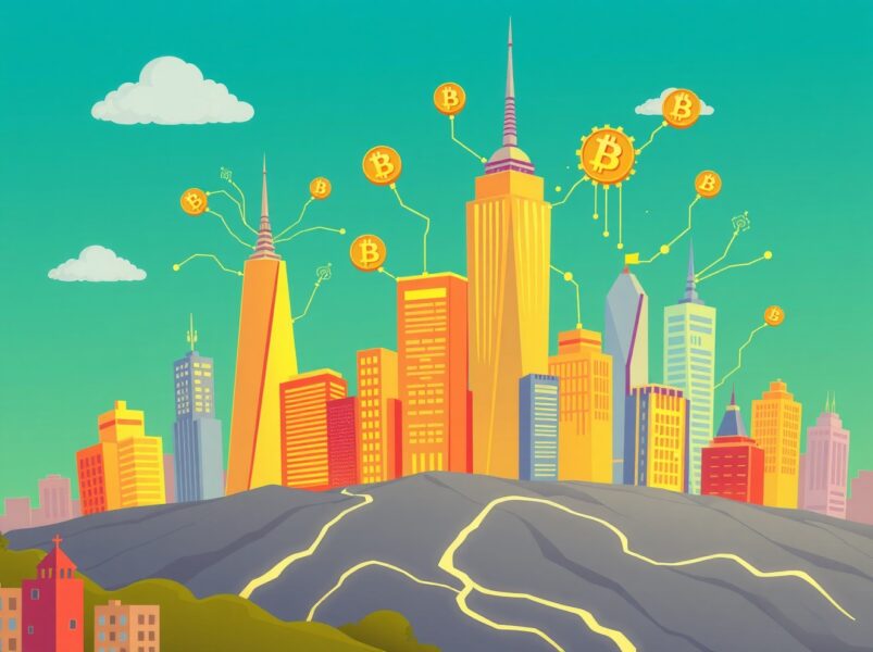 Cartoon illustration of crypto restructuring as a city being rebuilt with blockchain elements.