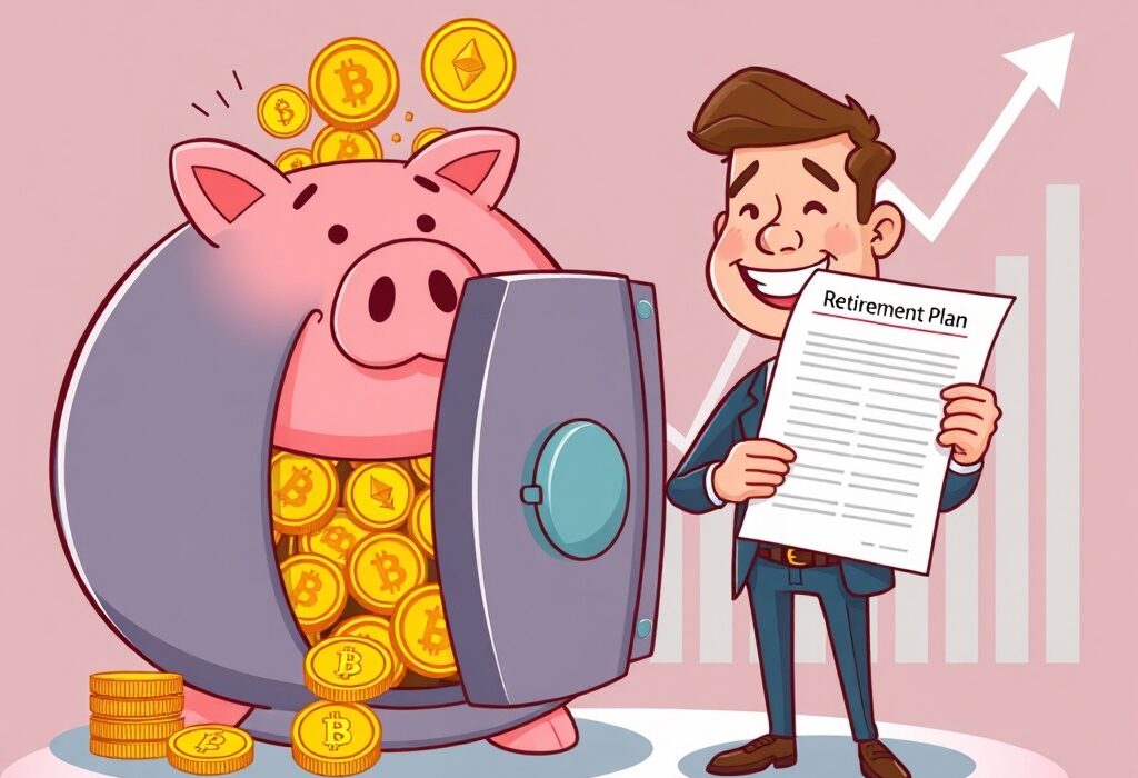 Cartoon showing significant crypto retirement funds flowing into the market, symbolizing potential 401k crypto investment growth.