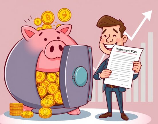 Cartoon showing significant crypto retirement funds flowing into the market, symbolizing potential 401k crypto investment growth.