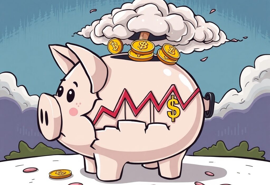 A cartoon image illustrating the potential digital asset risks for crypto retirement plans during an economic downturn, with a cracking piggy bank.