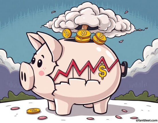 A cartoon image illustrating the potential digital asset risks for crypto retirement plans during an economic downturn, with a cracking piggy bank.