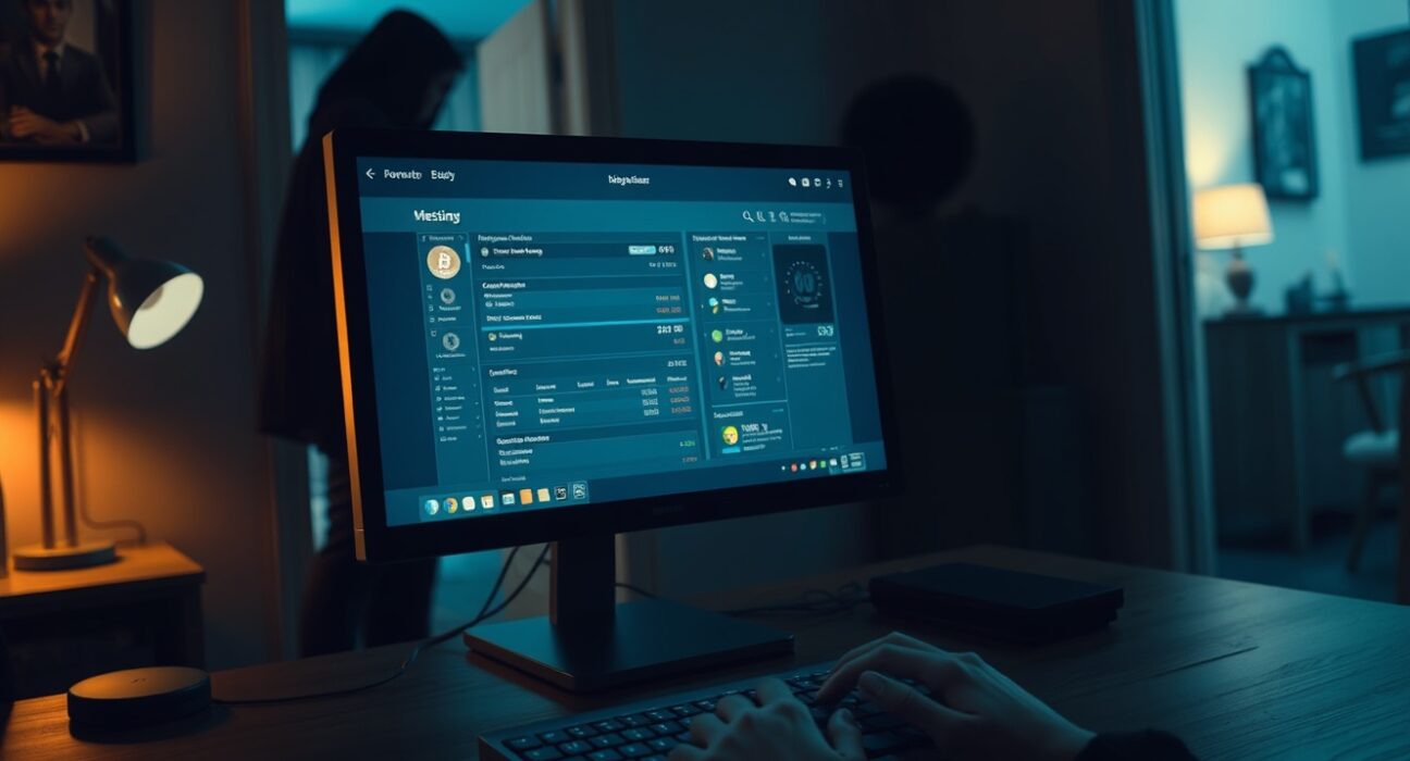 Dimly lit home office with a crypto wallet on a computer screen and a shadowy figure in the background