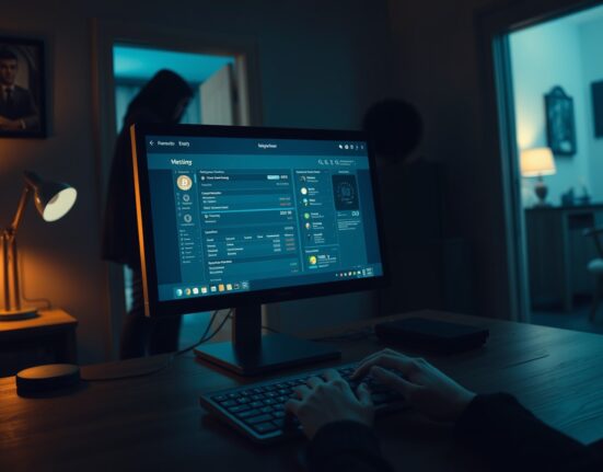 Dimly lit home office with a crypto wallet on a computer screen and a shadowy figure in the background