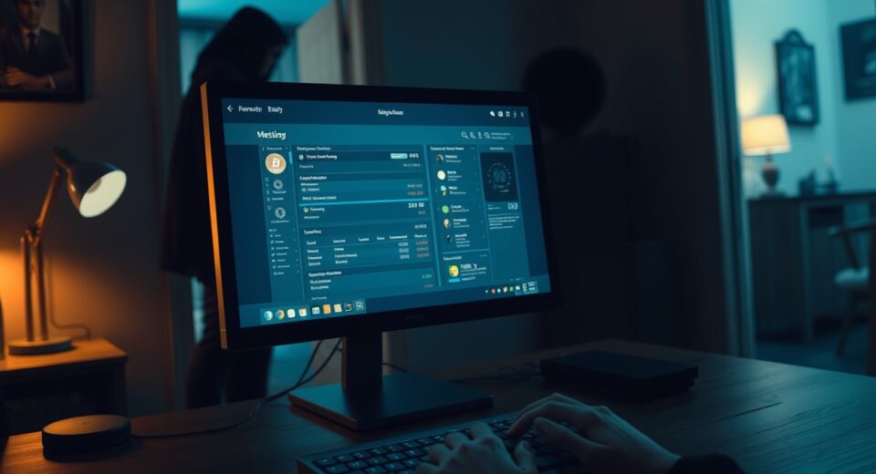 Dimly lit home office with a crypto wallet on a computer screen and a shadowy figure in the background