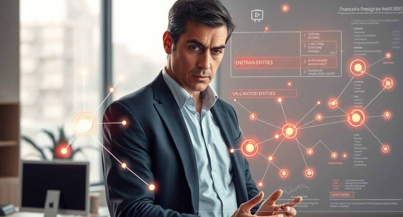 Financial analyst reviews data visualization of crypto sanctions evasion network for 2025 Chainalysis report.