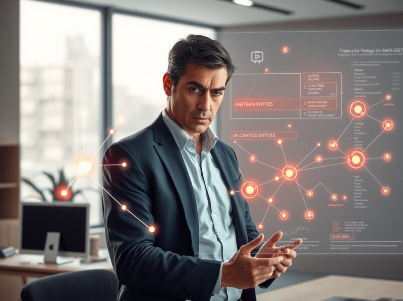 Financial analyst reviews data visualization of crypto sanctions evasion network for 2025 Chainalysis report.