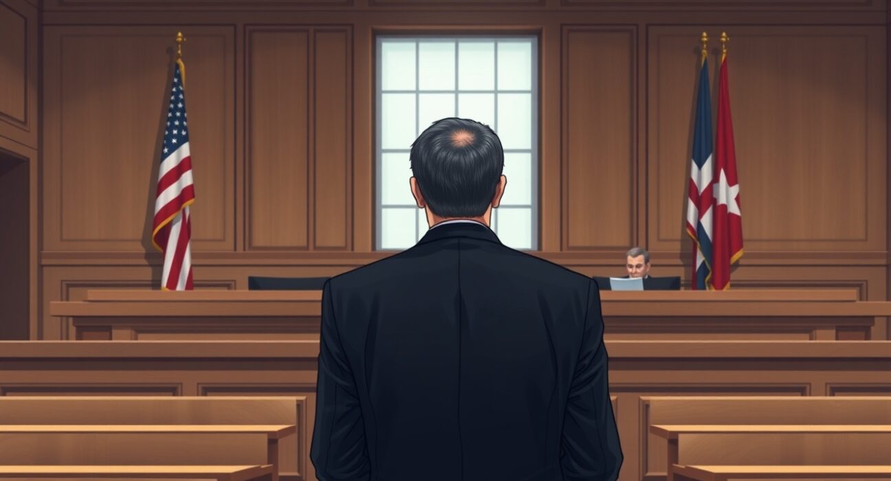Courtroom scene showing cryptocurrency fraud sentencing for Meta-1 Coin scam in Chicago federal court