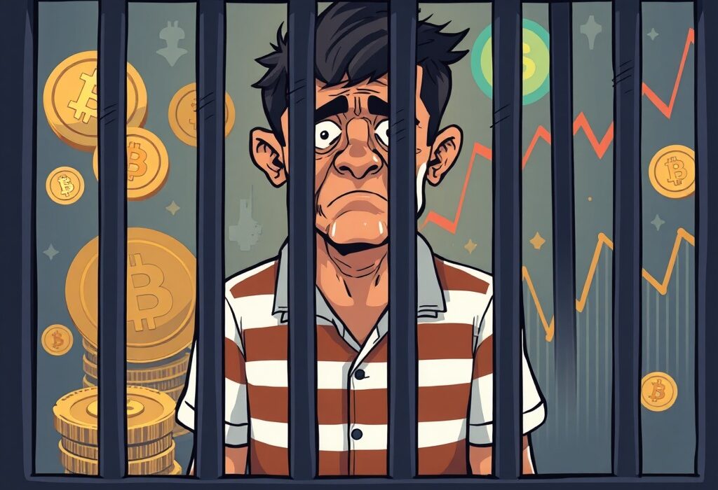 Cartoon illustration showing a figure behind bars, symbolizing a crypto scam conviction and the legal consequences of token fraud.