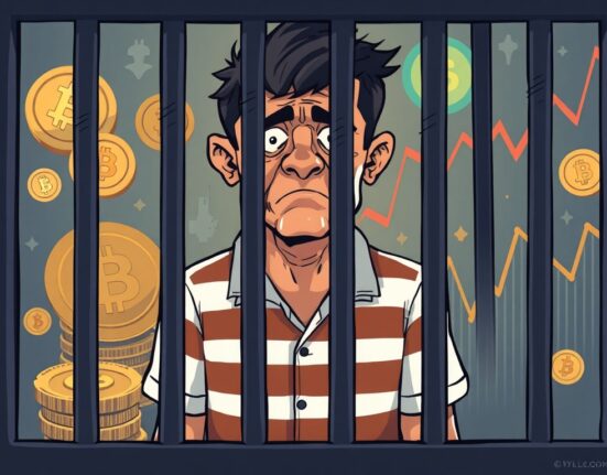 Cartoon illustration showing a figure behind bars, symbolizing a crypto scam conviction and the legal consequences of token fraud.