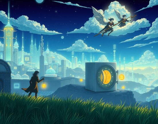 An artistic representation of cryptocurrency scam losses threatening a digital blockchain vault.