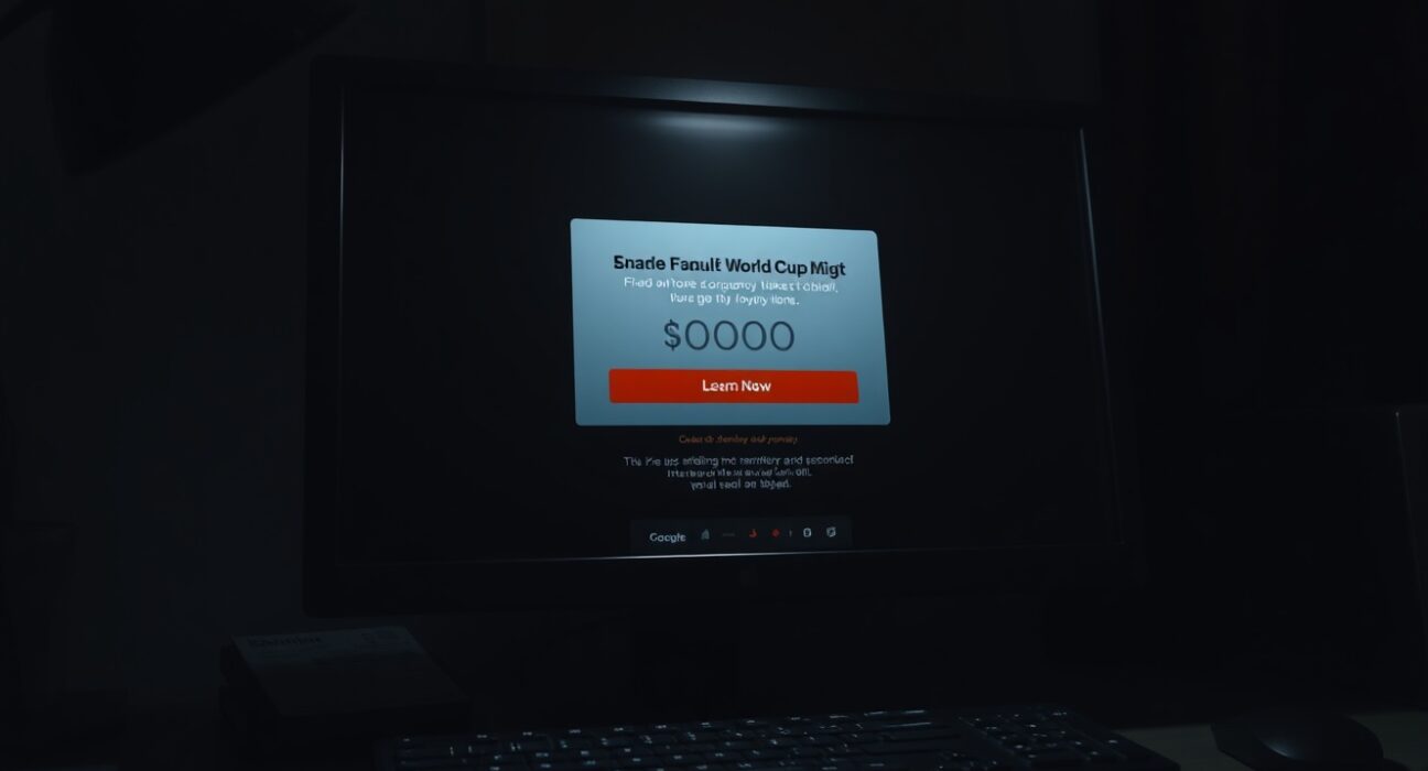 Fraudulent World Cup ticket website displayed on a computer screen in a dimly lit room