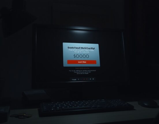 Fraudulent World Cup ticket website displayed on a computer screen in a dimly lit room