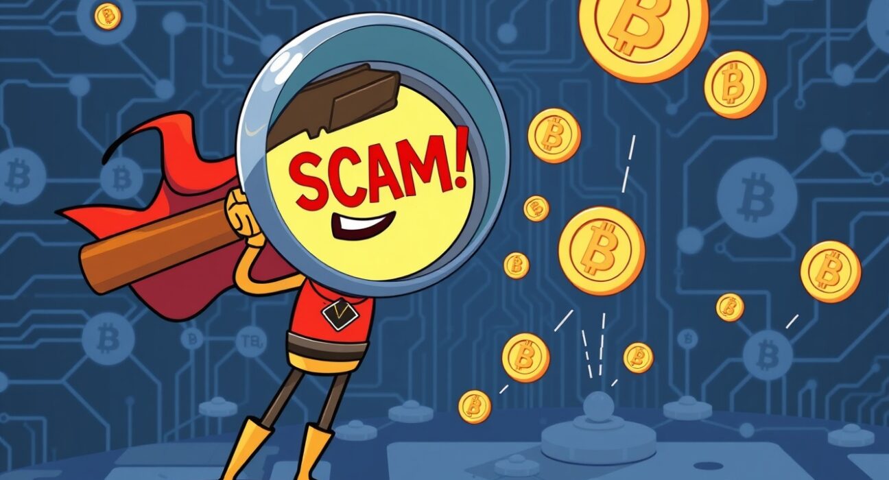 A cartoon illustration depicting users successfully detecting crypto scams on a blockchain, being rewarded with BMT tokens from Bubblemaps.