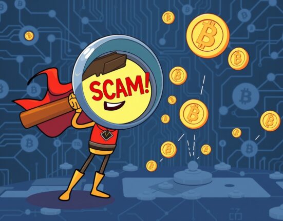 A cartoon illustration depicting users successfully detecting crypto scams on a blockchain, being rewarded with BMT tokens from Bubblemaps.