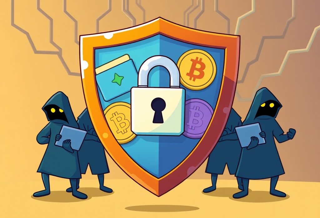 A digital shield protecting crypto wallets, symbolizing WLFI's commitment to enhancing crypto security and protecting users from account abuse.