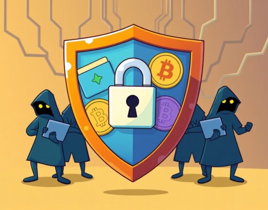 A digital shield protecting crypto wallets, symbolizing WLFI's commitment to enhancing crypto security and protecting users from account abuse.